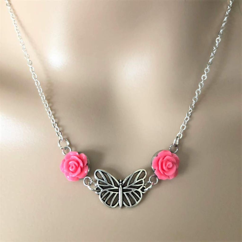 Silver Butterfly Necklace With Pink Roses-Flower,Pink,Silver Necklaces