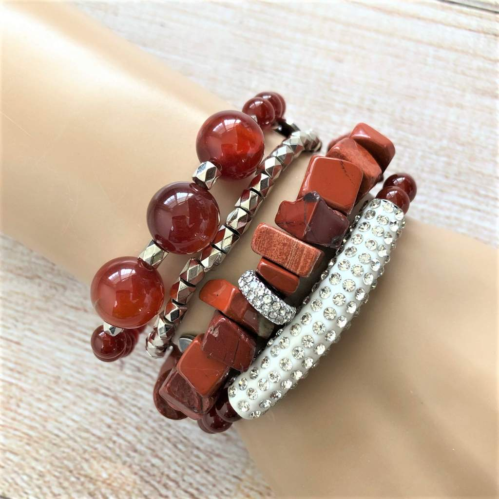 Red Jasper Chip and Silver Crystal Stretch Bracelet-Beaded Bracelets,bracelets,Red