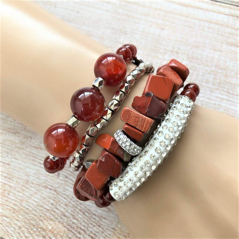 Red Jasper Chip and Silver Crystal Stretch Bracelet-Beaded Bracelets,bracelets,Red