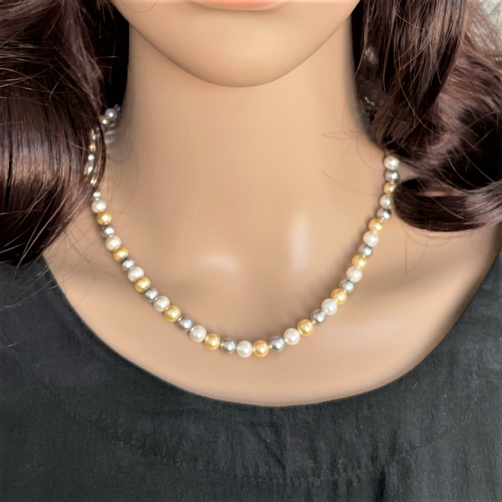 Silver, Gold, and White Shell Pearl Necklace