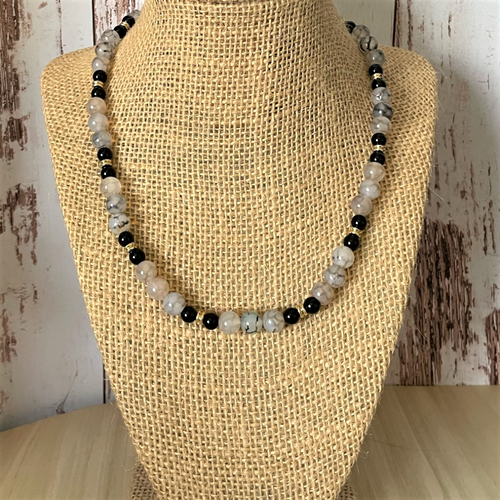Mens Clear Quartz and Black  Onyx Gold Beaded Necklace