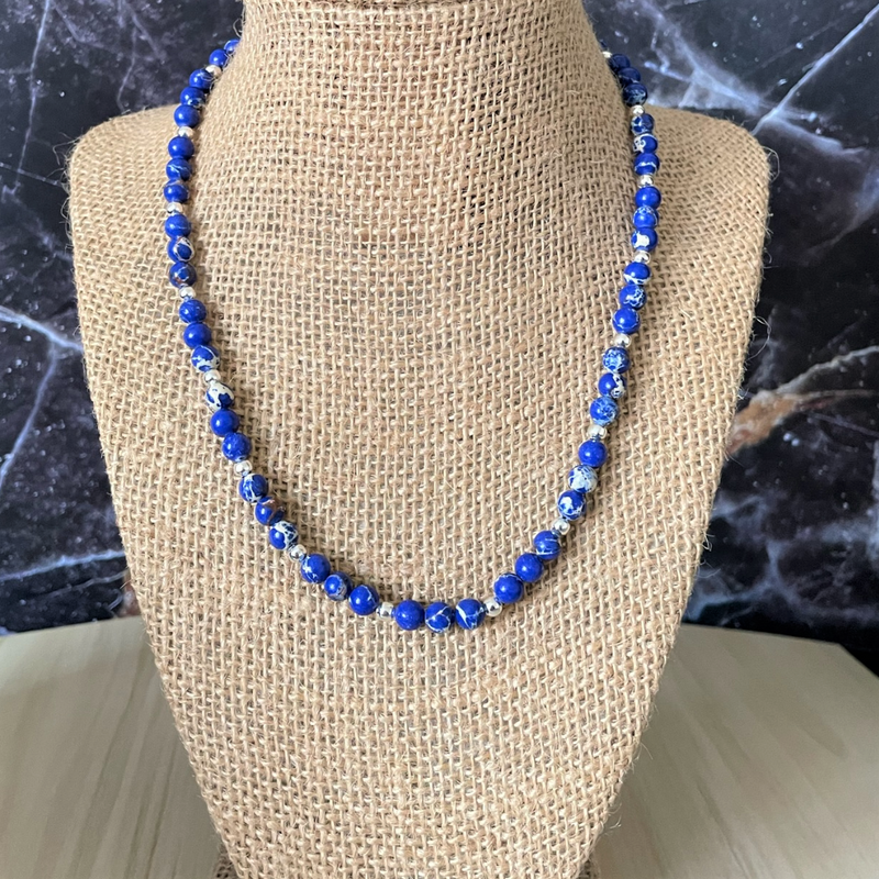 Cobalt Blue Impression Jasper and Silver Mens Beaded Necklace