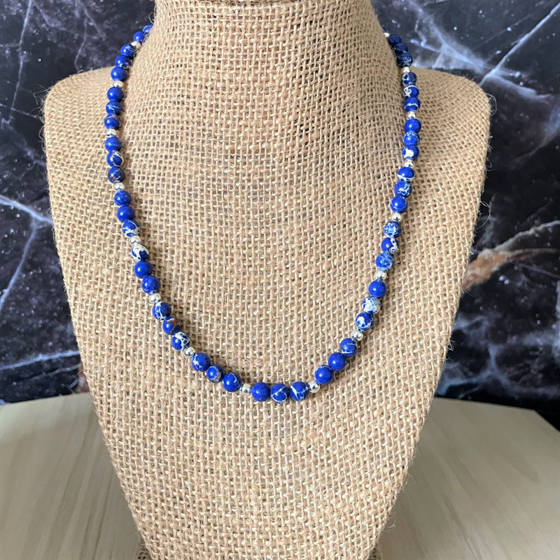 Cobalt Blue Impression Jasper Mens Beaded Necklace