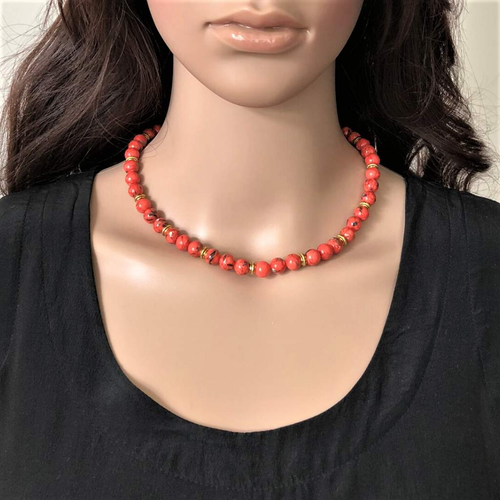 Coral Mosaic Shell and Gold Beaded Necklace-Beaded Necklaces,Pink