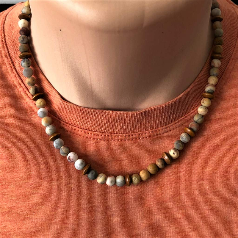 Mens Crazy Lace Matte Agate and Wood Beaded Necklace-Beaded Necklaces,Brown,mens