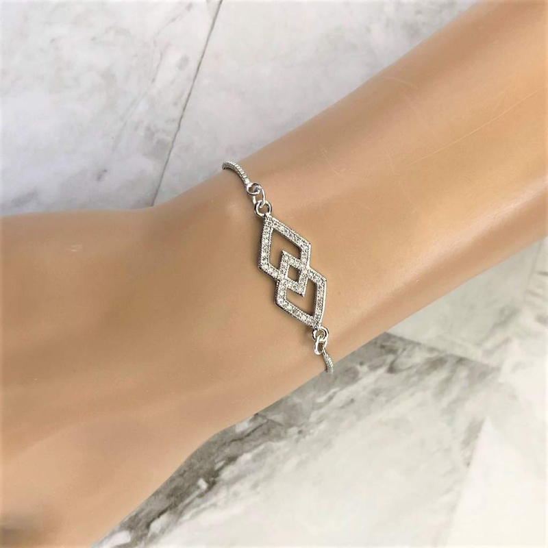 Crystal Double Diamond Silver Adjustable Bracelet-bracelets,Silver Bracelets