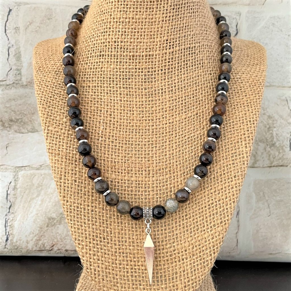 Dark Agate Mens Beaded Necklace with Silver Sphere