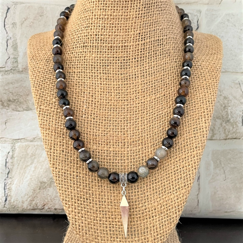Dark Agate Mens Beaded Necklace with Silver Sphere