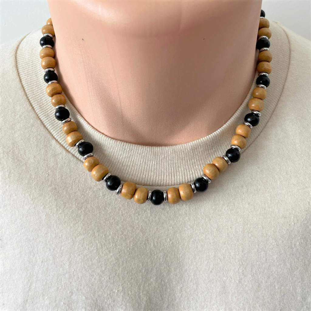 Mens Dark and Light Brown Wood Beaded Necklace-Brown,mens,Necklaces,Wood
