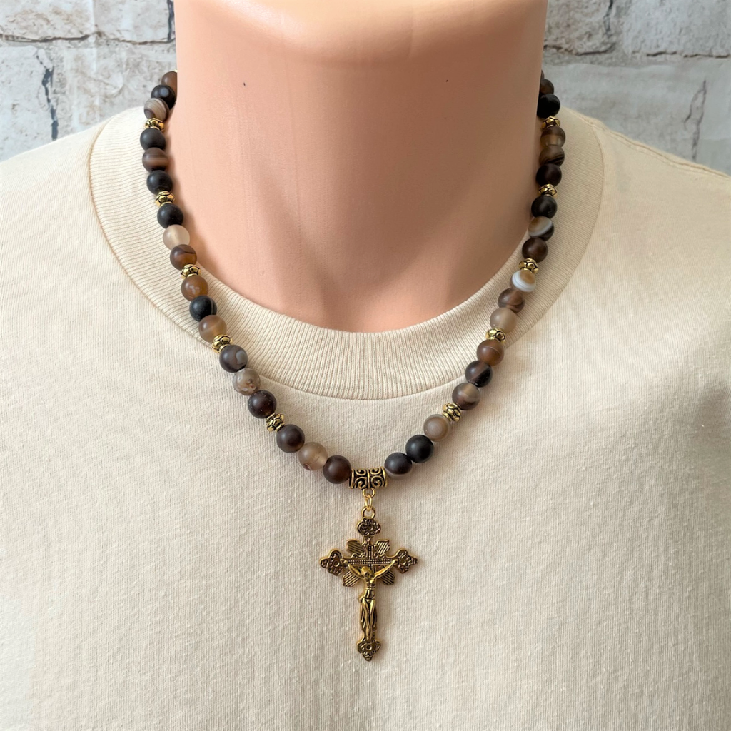 Dark Brown Matte Agate Mens Beaded Necklace With Gold Cross