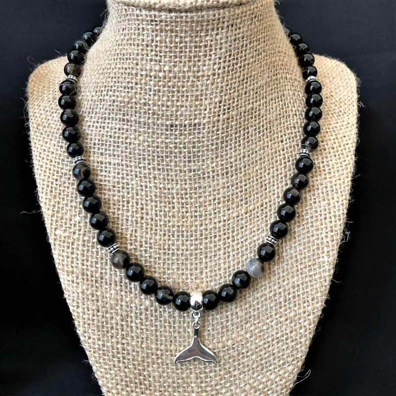 Dark Brown Agate and Silver Whale Tail Mens Necklace-Agate,Beaded Necklaces,Brown,Mens
