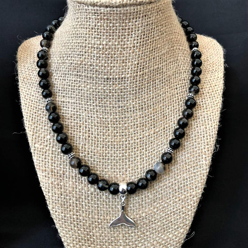 Dark Brown Agate and Silver Whale Tail Mens Necklace-Agate,Beaded Necklaces,Brown,Mens