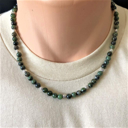 Mens Dendritic Green Jade Beaded Necklace-Beaded Necklaces,Green,mens,Necklaces