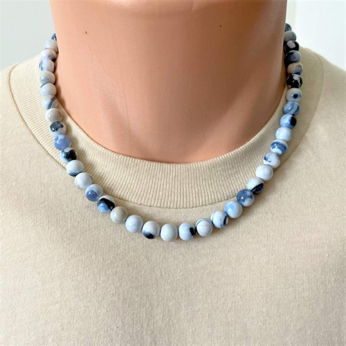 Denim Blue and White Agate Mens Beaded Necklace-Agate,Beaded Necklaces,Blue,mens,Necklaces,White