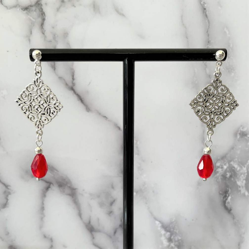 Silver Diamond with Red Crystal Drop Post Earrings-Dangle Earrings,Red,Silver,Silver Earrings