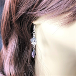 Silver Flower With Colored Crystal Teardrop Earrings-Flower,Green,Pink,Red,Silver Earrings