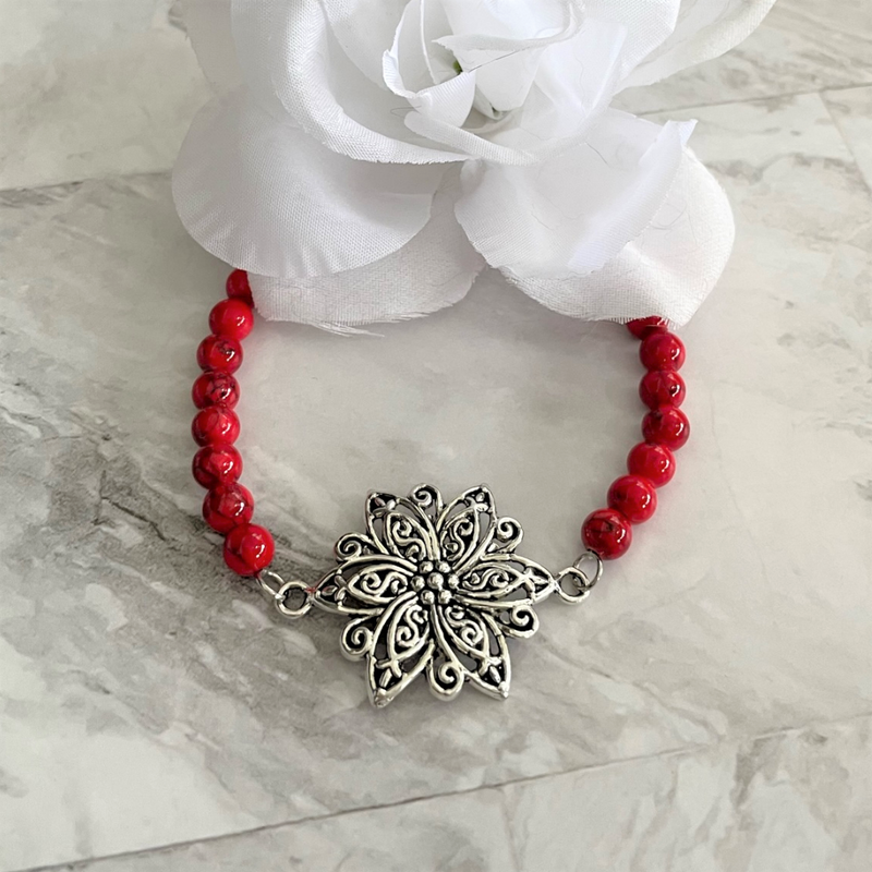 Red Mosaic Howlite Beaded Bracelet with Silver Flower