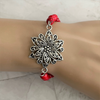 Red Mosaic Howlite Beaded Bracelet with Silver Flower