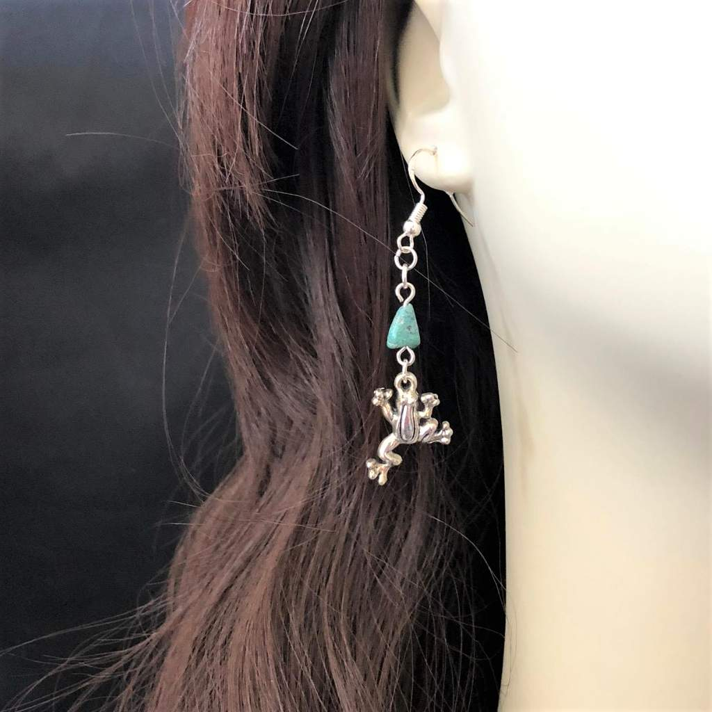 Silver Frog and Turquoise Stone Dangle Earrings-Dangle Earrings,Earrings,Silver Earrings,Turquoise
