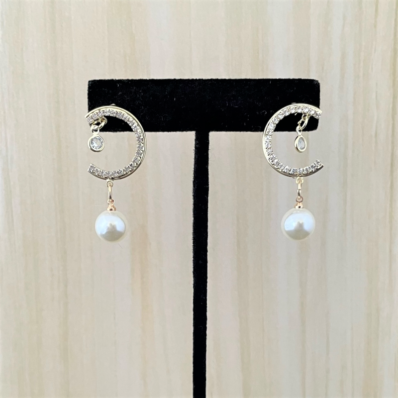 Gold Crescent Crystal and Pearl Post Earrings