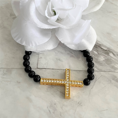 Gold Crystal Cross Black Onyx Beaded Bracelet