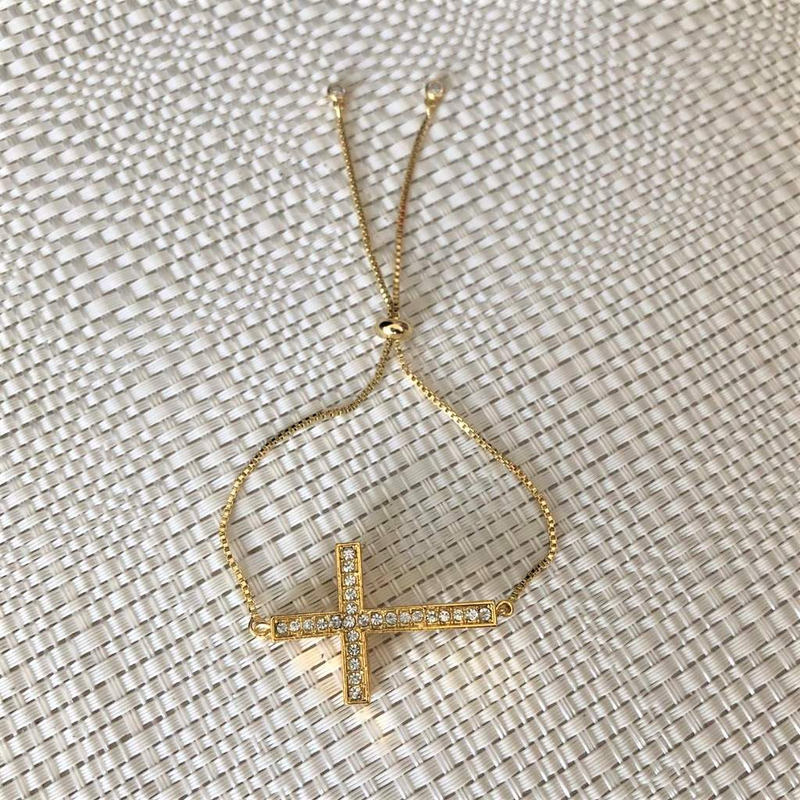 Gold Crystal Cross Adjustable Chain Bracelet-bracelets,Cross,Gold Bracelets,Religious,Saint