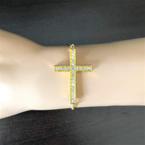 Gold Crystal Cross Adjustable Chain Bracelet-bracelets,Cross,Gold Bracelets,Religious,Saint