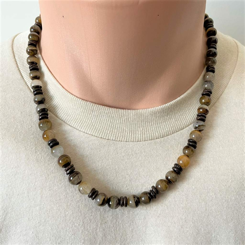 Golden Wooden Jasper and Wood Mens Beaded Necklace-Brown,mens,Necklaces,Wood