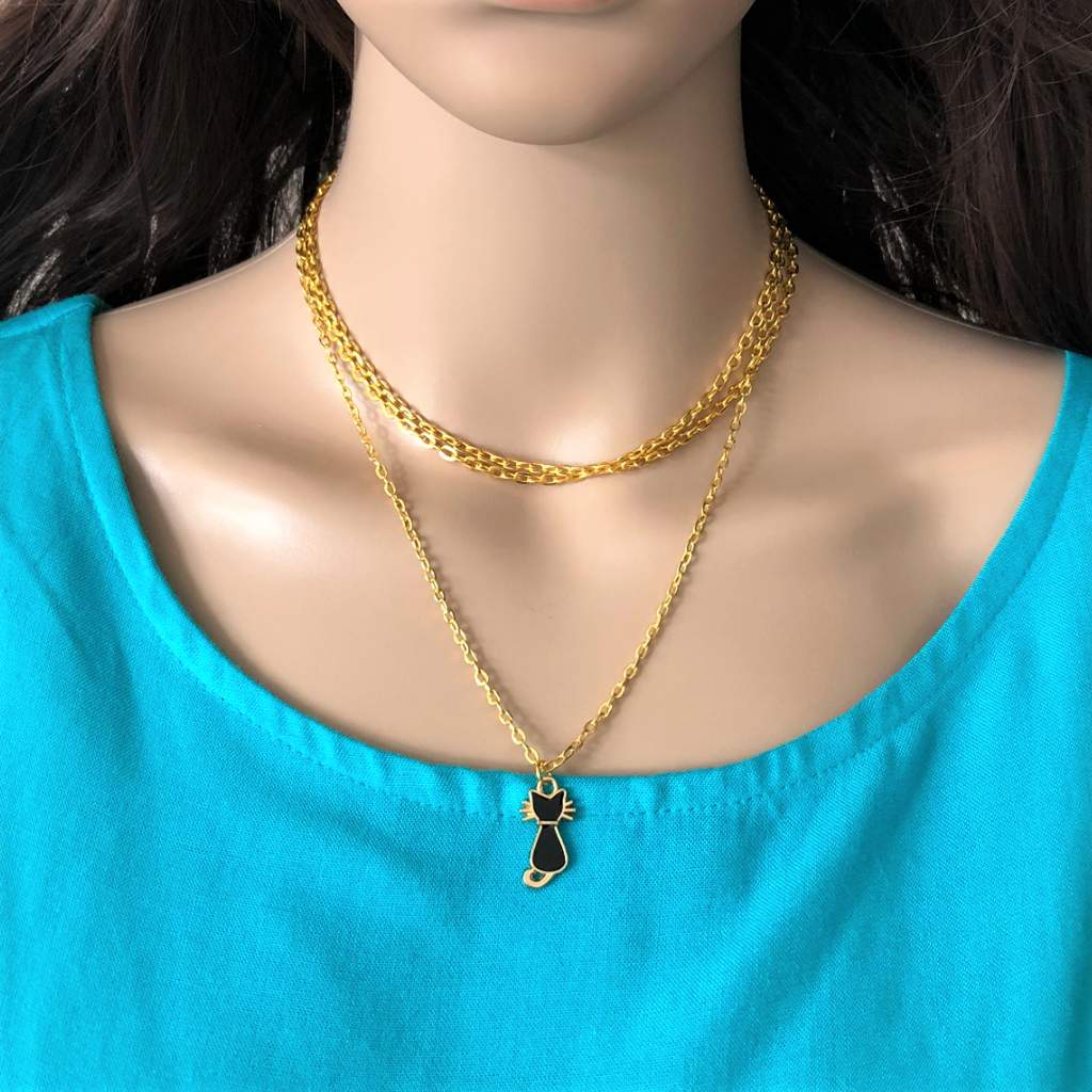Gold Layered Necklace with Black Enamel Cat Charm-Gold Necklaces,Layered Necklaces