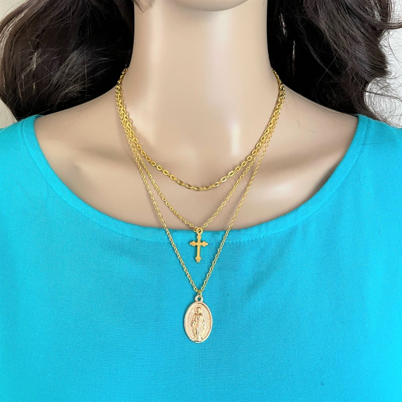 Gold Layered Mother Mary and Cross Necklace