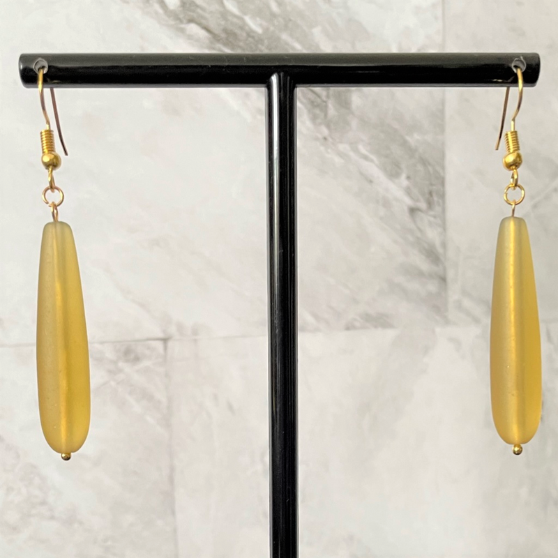 Gold Matte Glass Long Teardrop Earrings.