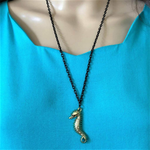 Gold Seahorse on Black Chain with Crystals-Gold Necklaces