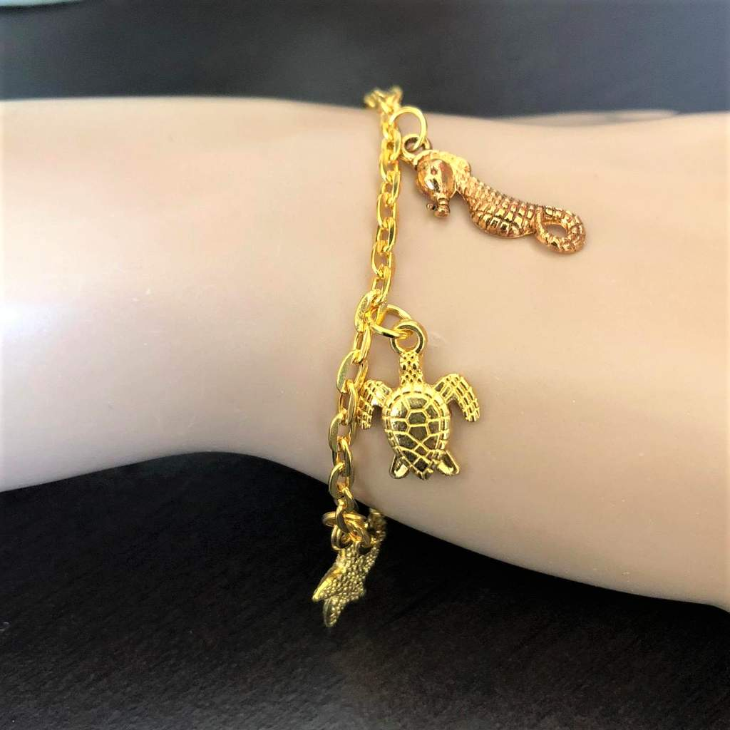 Gold Sea Life Charm Chain Bracelet-Charms,Gold,Gold Bracelets