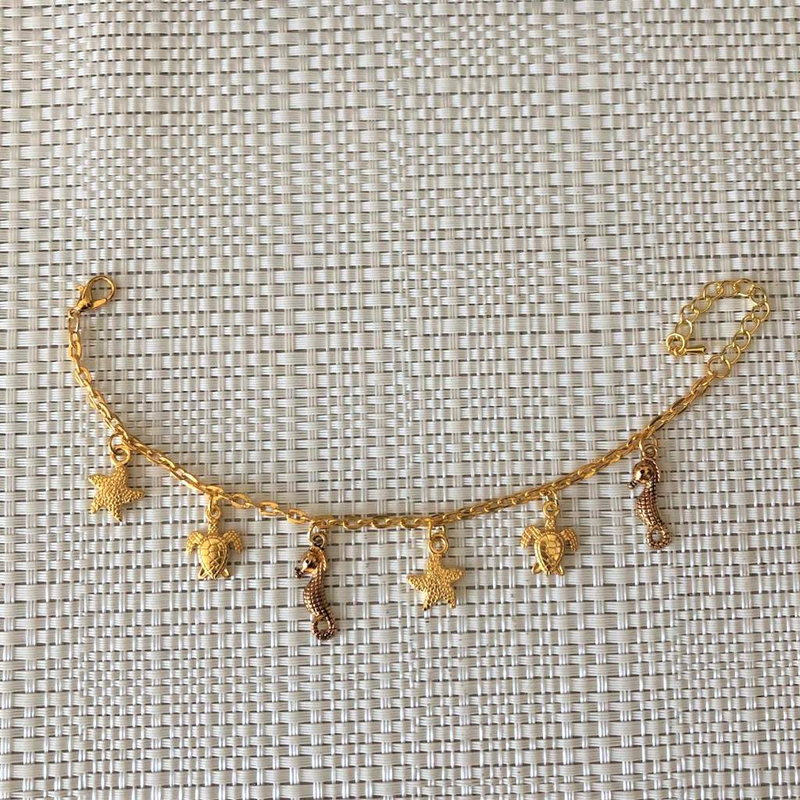 Gold Sea Life Charm Chain Bracelet-Charms,Gold,Gold Bracelets
