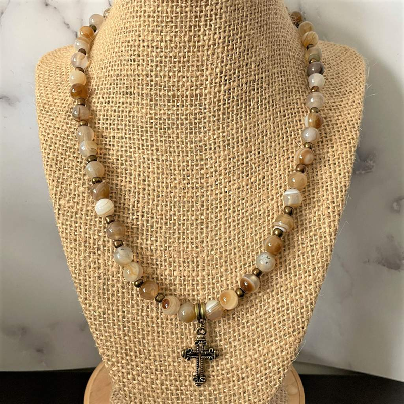 Brown Onyx Mens Beaded Necklace With Gold Cross-Beaded Necklaces,Brown,Cross,mens,Necklaces,Religious