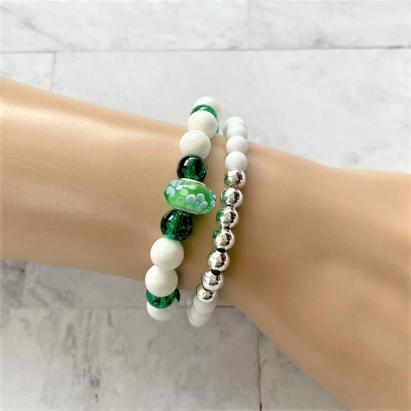 White Shell and Green Glass Beaded Bracelet with Accent Green Bead-Beaded Bracelets,Green,Shell,White