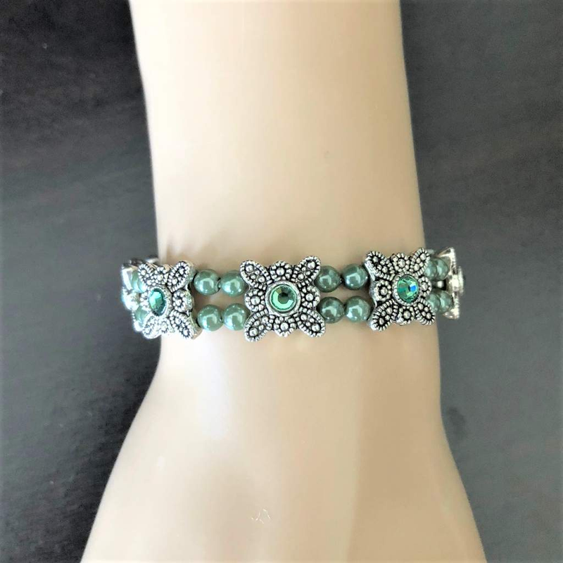 Silver Green Crystal Stretch Bracelet-Green,Silver Bracelets