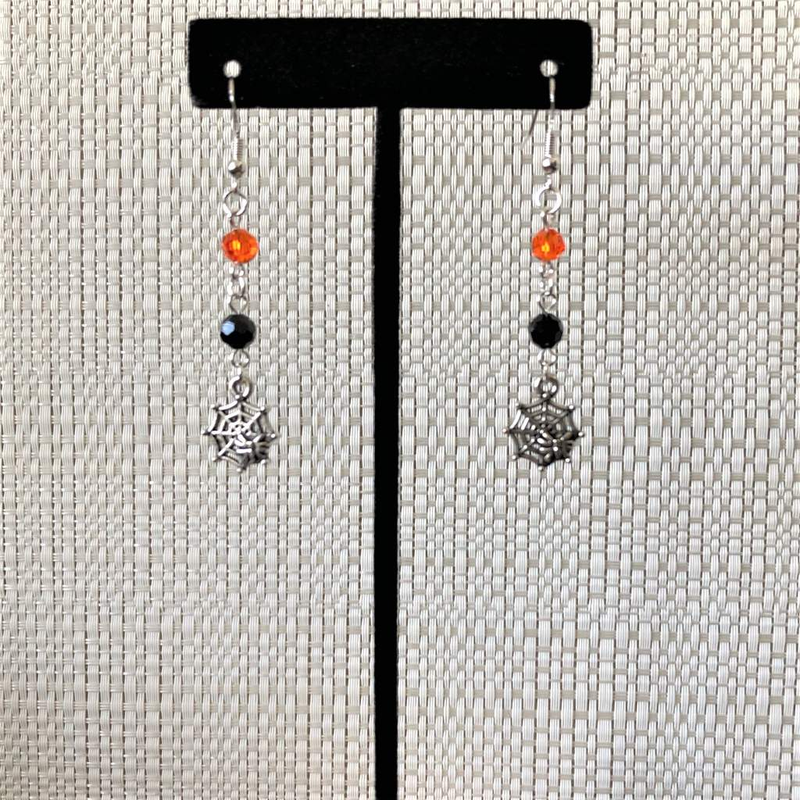 Halloween Spider Dangle Earrings-Black,Dangle Earrings,Halloween,Orange,Silver Earrings