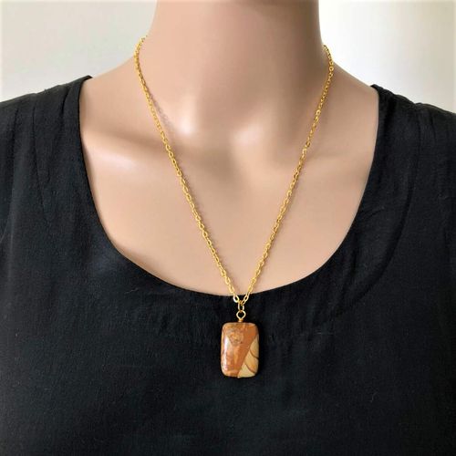 Brown Jasper Stone Long Necklace-Brown,Gold Necklaces,Long Necklaces