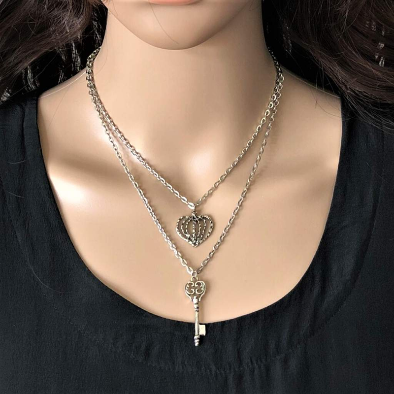 Silver Key and Heart Layered Necklace-Heart,Layered Necklaces,Silver Necklaces