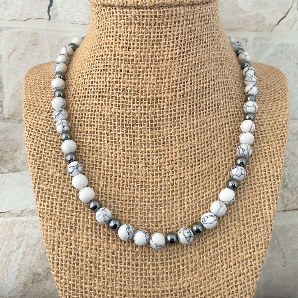 Magnesite and Hematite Mens Beaded Necklace