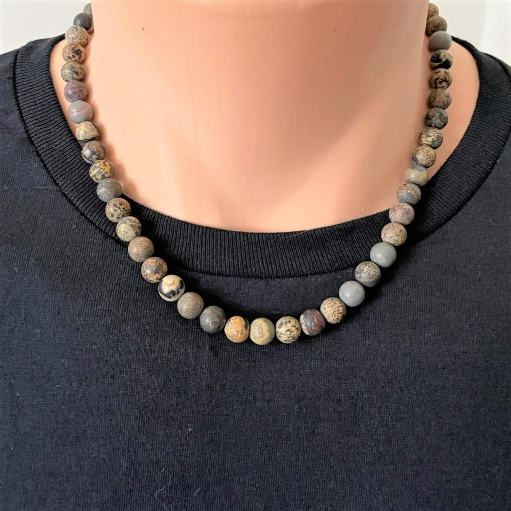 Matte Artistic Stone Mens Beaded Necklace-Brown,Gray,Matte,mens,Necklaces