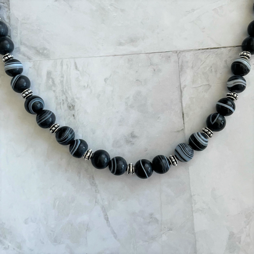 Black and White Striped Mens Matte Agate Beaded Necklace
