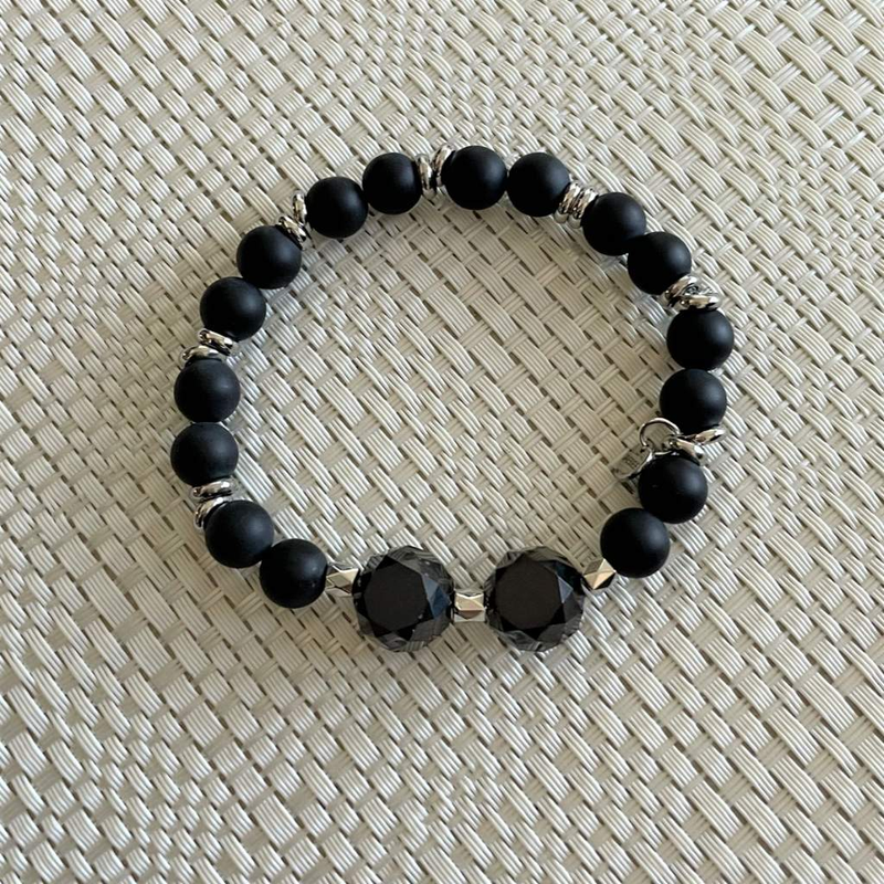 Matte Black Onyx Large and Small Beaded Bracelet-Beaded Bracelets,Black,Black Onyx