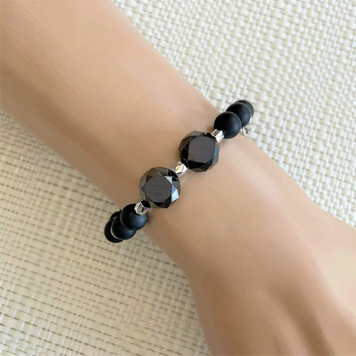 Matte Black Onyx Large and Small Beaded Bracelet-Beaded Bracelets,Black,Black Onyx