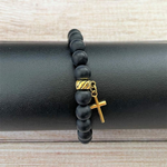 Matte Black Onyx and Gold Cross Beaded Mens Bracelet-Black,Black Onyx,bracelets,Cross,Matte,mens,Religious,Saint