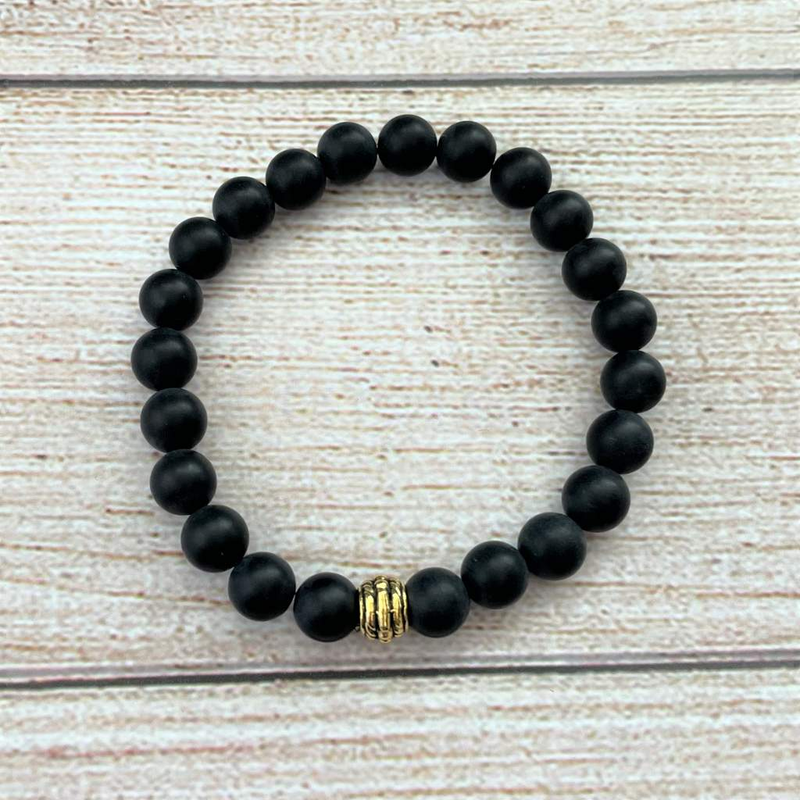 Mens Black Onyx Matte Beaded Bracelet with Gold Statement Bead-Beaded Bracelets, Black, Black Onyx, Gold, Matte,