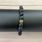 Mens Black Onyx Matte Beaded Bracelet with Gold Statement Bead-Beaded Bracelets,Black,Black Onyx,Gold,Matte,mens