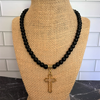 Black Onyx Matte Mens Beaded Gold Cross Necklace