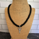 Mens Matte Black Onyx and Silver Arc Angel Beaded Necklace